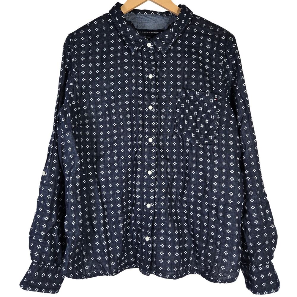 Tommy Hilfiger Mens XL Blue White Print‎ Button Down Shirt Long Sleeve Cotton